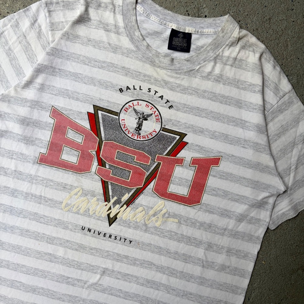Vintage Ball‎ State University BSU Cardinals Striped T-Shirt XL Garment Graphics